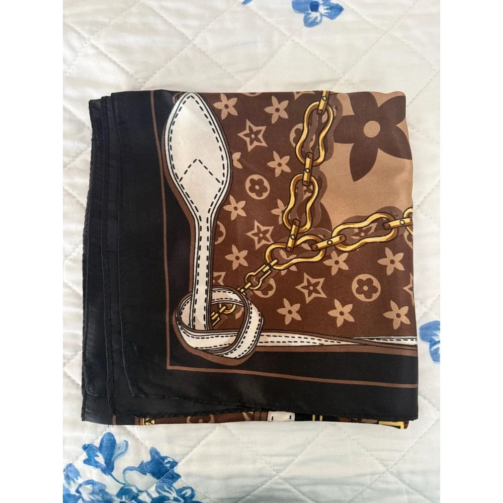 Designer Inspired Monogram Handbag Print Square Scarf Brown Tan Gold Chain